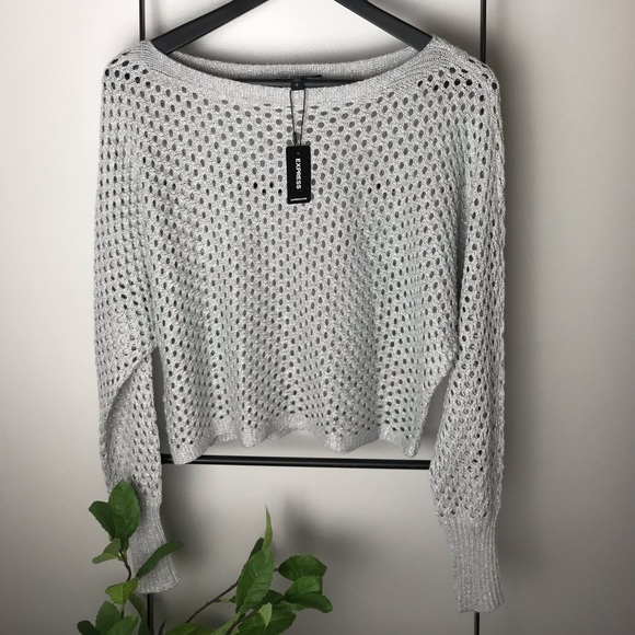 Open Knit Sweater Gray Silver Metallic Women’s S NWT Express - Picture 2 of 9